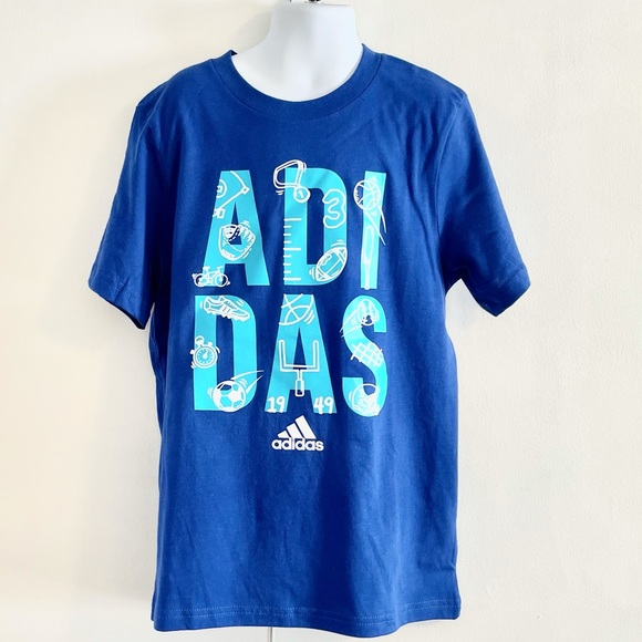 🆕Boys ADIDAS Blue Crew Neck Short Sleeve Graphic T-Shirt Size 7 - Picture 2 of 9
